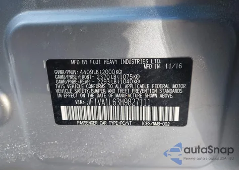 2017 Subaru Wrx Limited z USA, uszkodzony, nr VIN JF1VA1L63H9827111